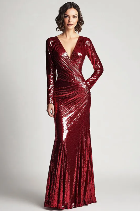 Sparkly V Neck Ruched Burgundy Mother of the Bride Dress with Long Sleeves sold by Zapaka
