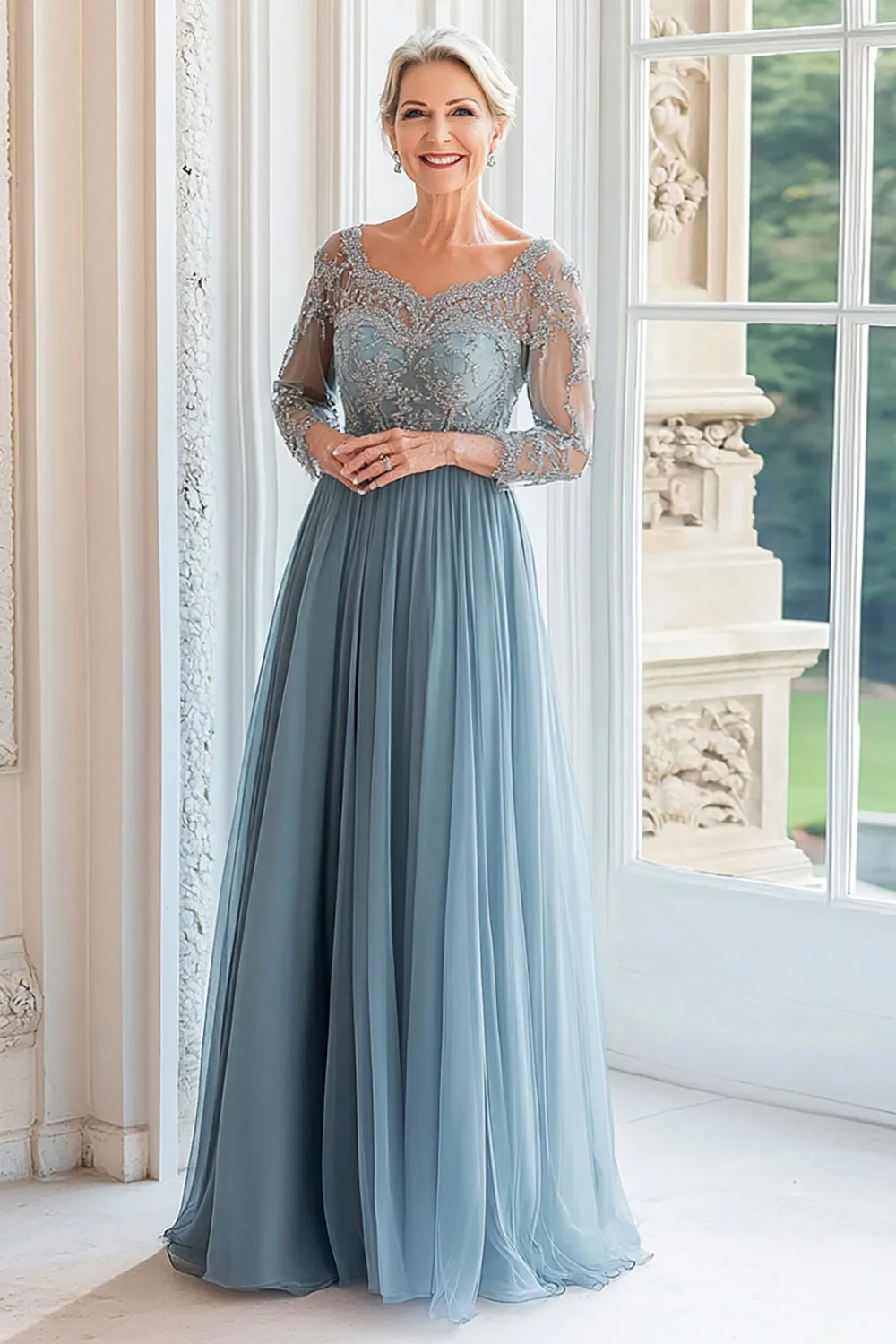 Queen Anne Dusty Blue A Line Long Sleeves Mother of the Bride Dress sold by Zapaka