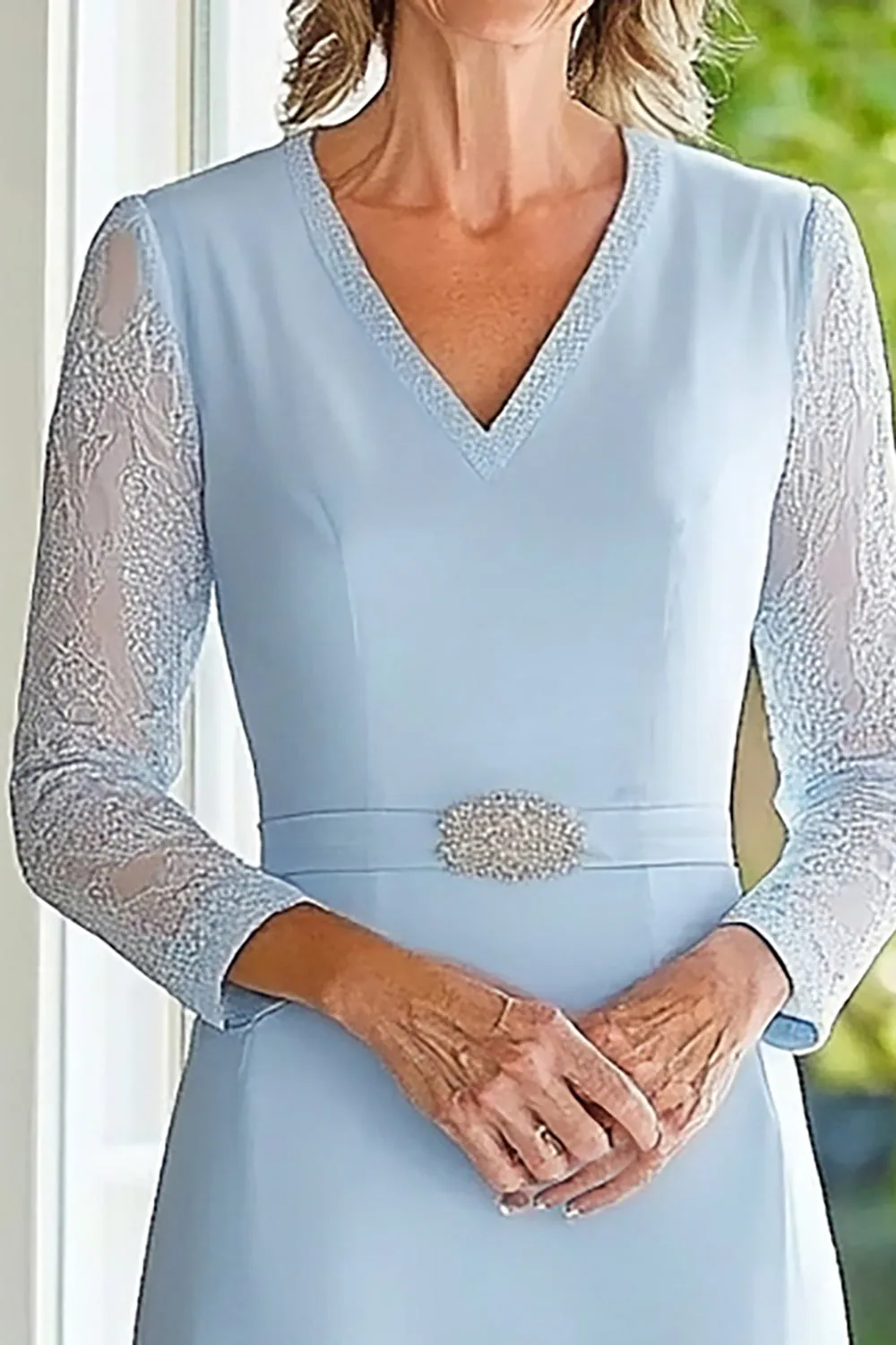Sky Blue Lace Chiffon A Line V Neck Midi Length Mother of the Bride Dress with Belted sold by Zapaka product image thumbnail 2