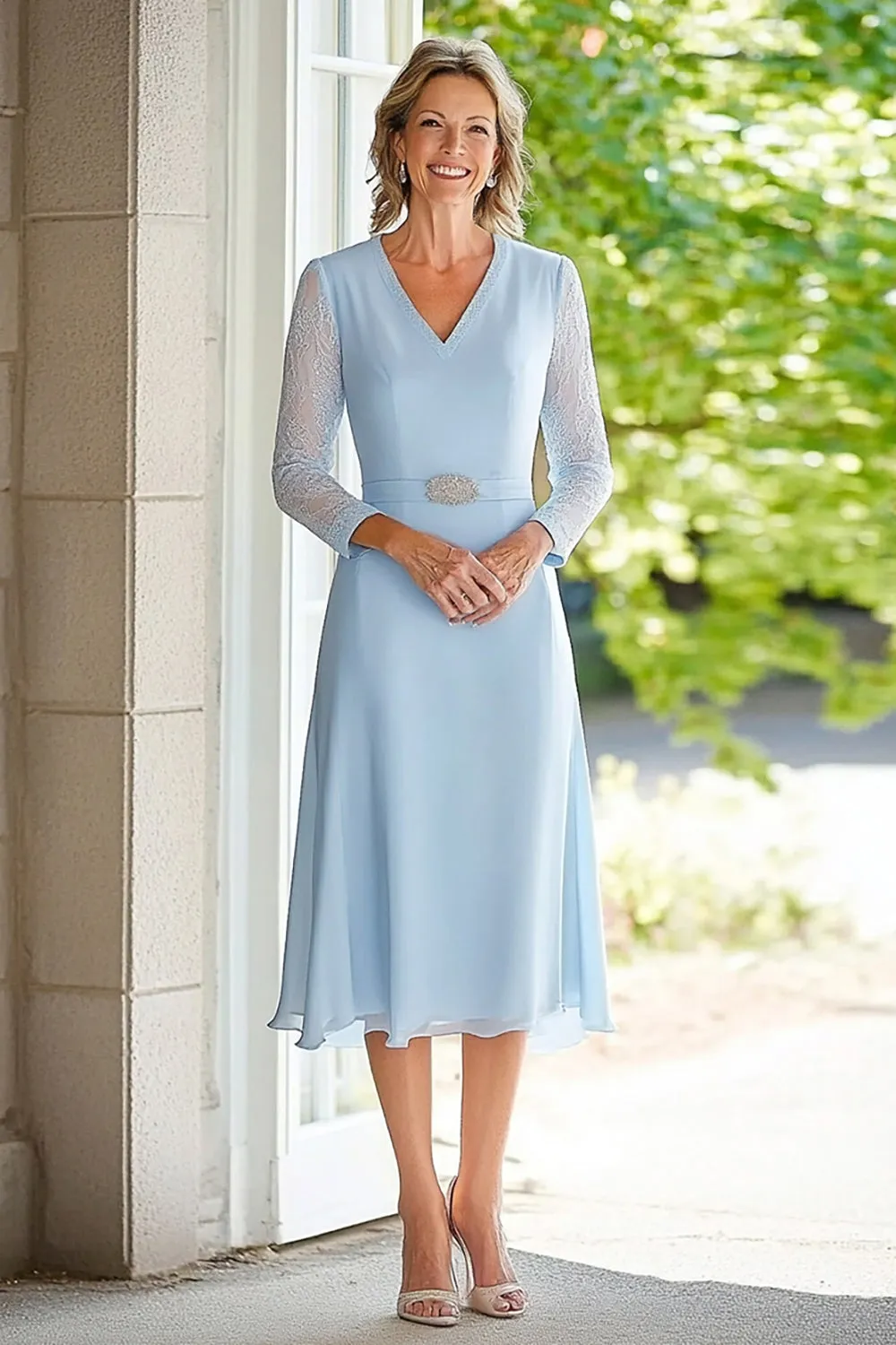 Sky Blue Lace Chiffon A Line V Neck Midi Length Mother of the Bride Dress with Belted sold by Zapaka