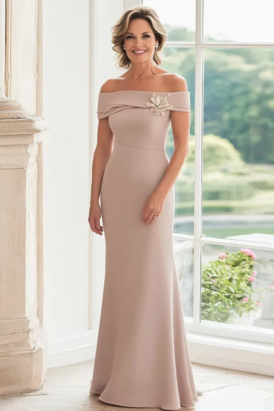 Off The Shoulder Taupe Sheath Long Mother Of The Bride Dress With 3D Flower sold by Zapaka