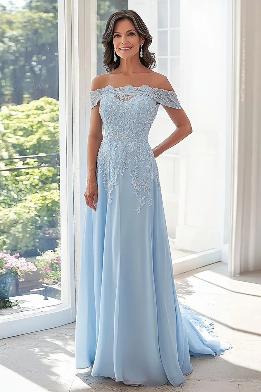 Sky Blue A Line Off The Shoulder Chiffon Appliqued Mother of the Bride Dress sold by Zapaka