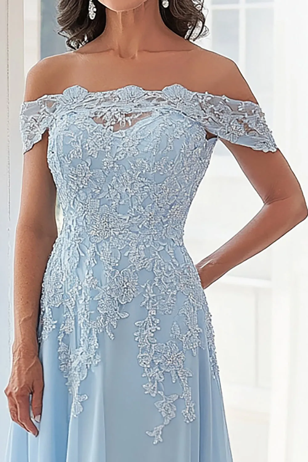 Sky Blue A Line Off The Shoulder Chiffon Appliqued Mother of the Bride Dress sold by Zapaka product image thumbnail 2