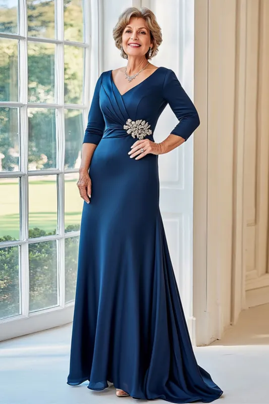 Navy V-Neck Satin Embroidered Ruched Mother of the Bride Dress made by Zapaka