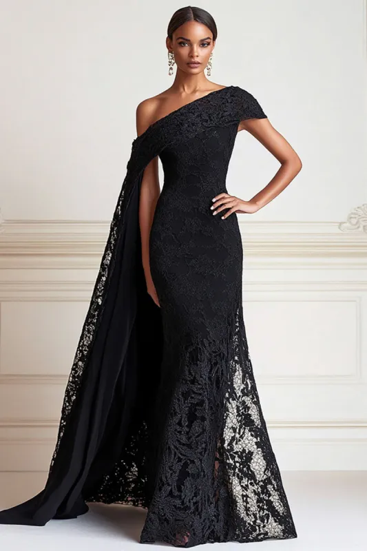 Black Mermaid One Shoulder Lace Long Mother of the Bride Dress with Side Shoulder Cape sold by Zapaka