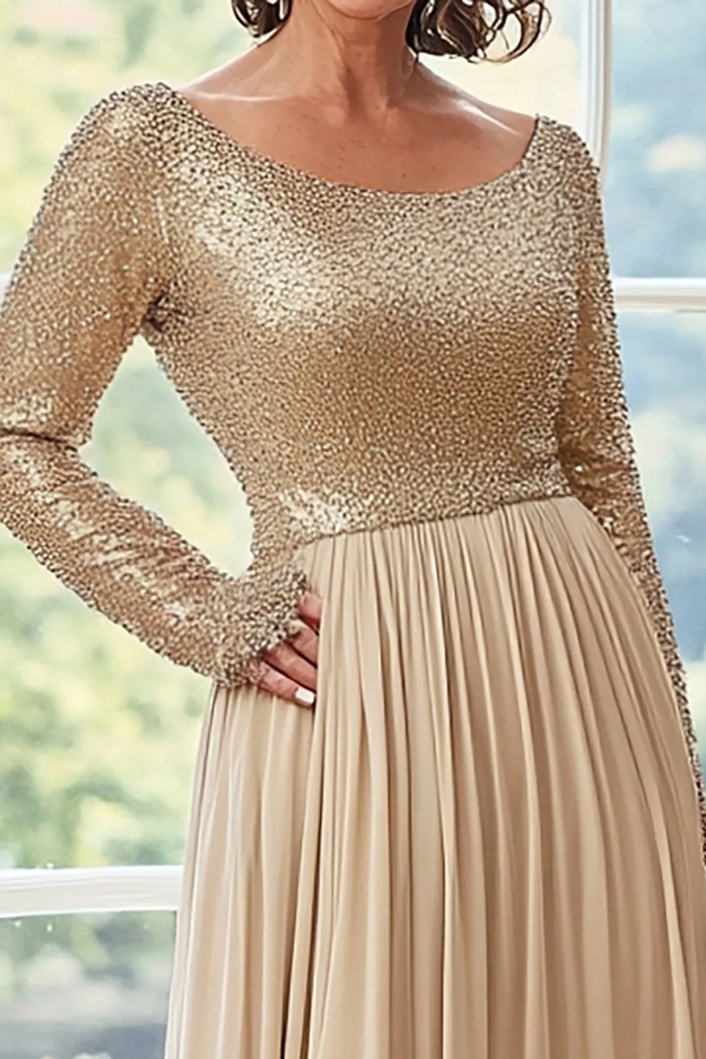 Golden A Line Chiffon Pleated Mother of the Bride Dress with Long Sleeves sold by Zapaka product image thumbnail 2