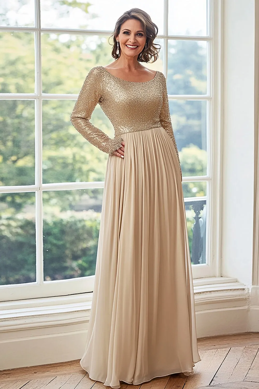 Golden A Line Chiffon Pleated Mother of the Bride Dress with Long Sleeves sold by Zapaka
