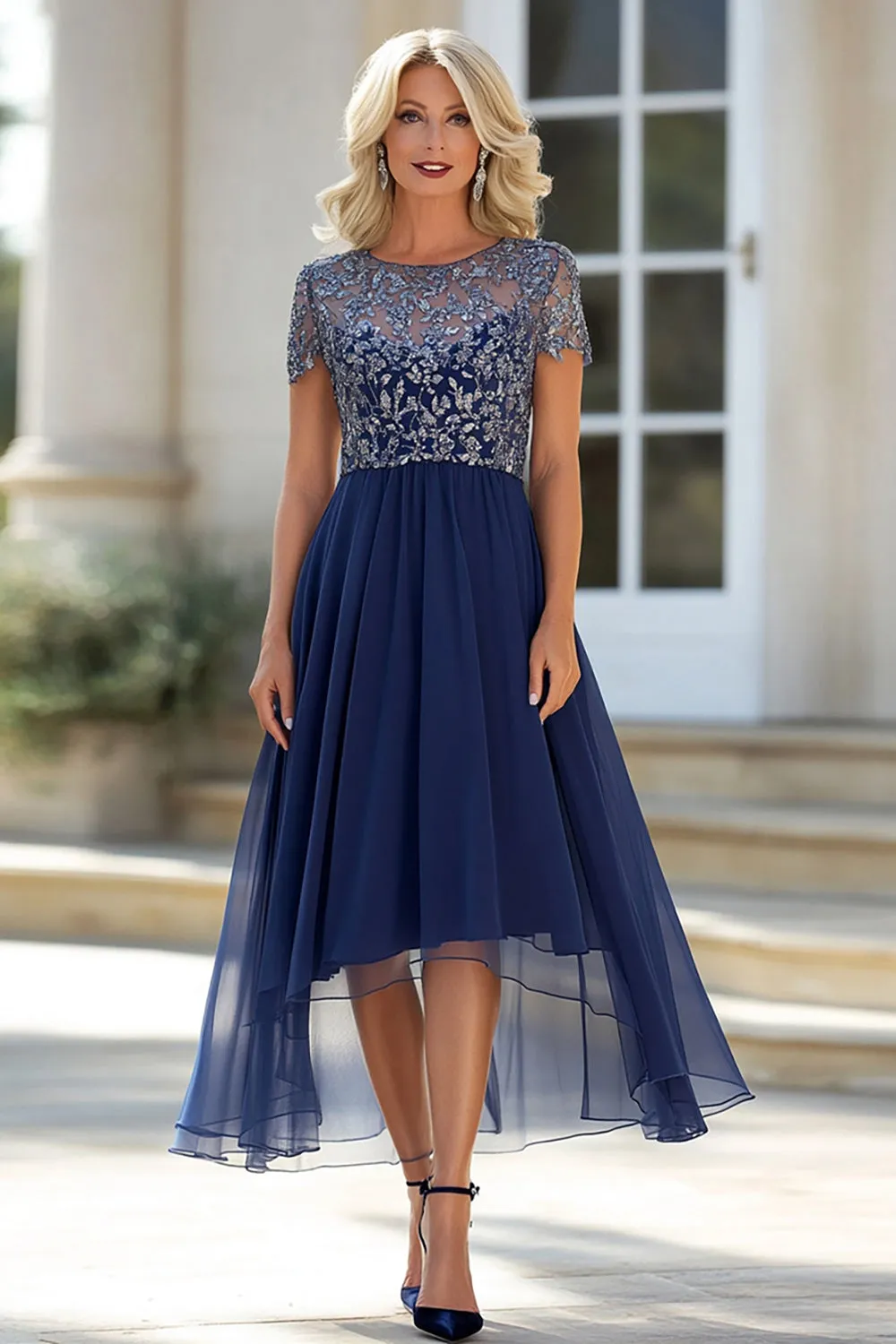 Navy Lace Tulle A Line Scoop Neck Short Sleeves Mother of the Bride Dress sold by Zapaka