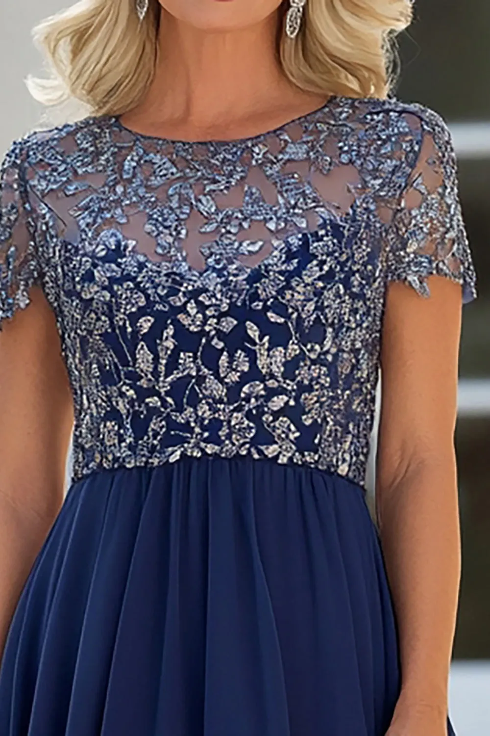 Navy Lace Tulle A Line Scoop Neck Short Sleeves Mother of the Bride Dress sold by Zapaka product image thumbnail 2