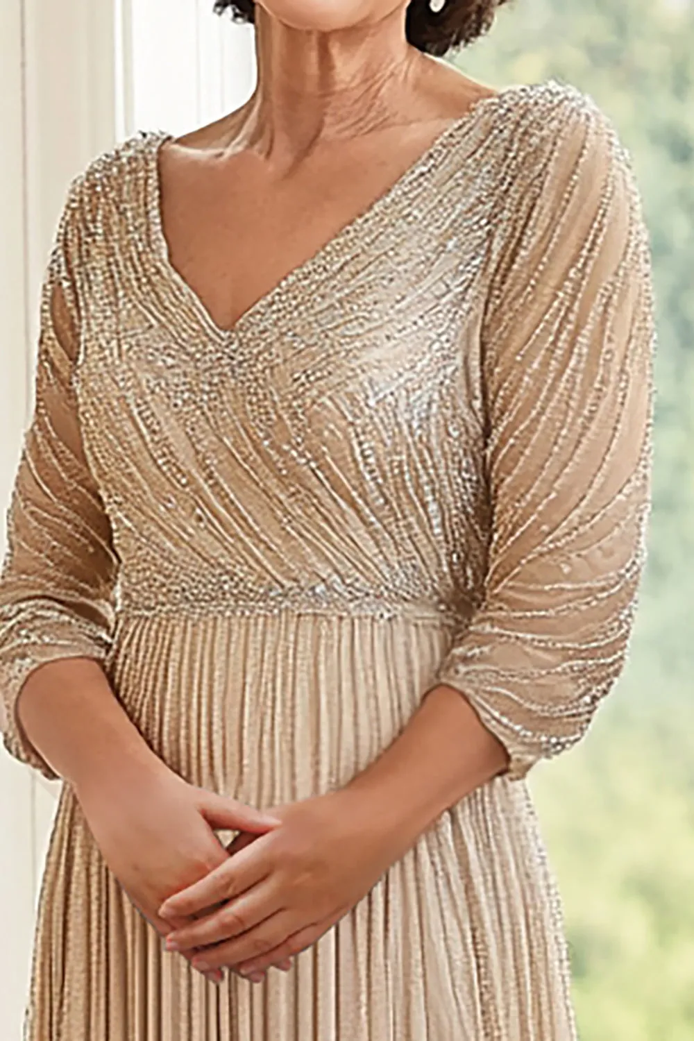 Elegant Champagne A Line V Neck Pleated Mother of the Bride Dress sold by Zapaka product image thumbnail 2