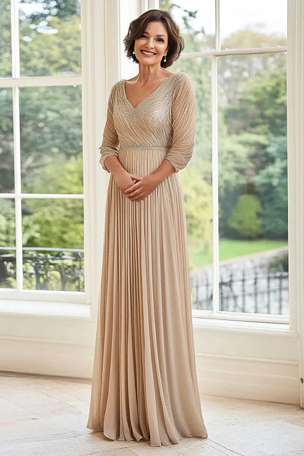 Elegant Champagne A Line V Neck Pleated Mother of the Bride Dress sold by Zapaka