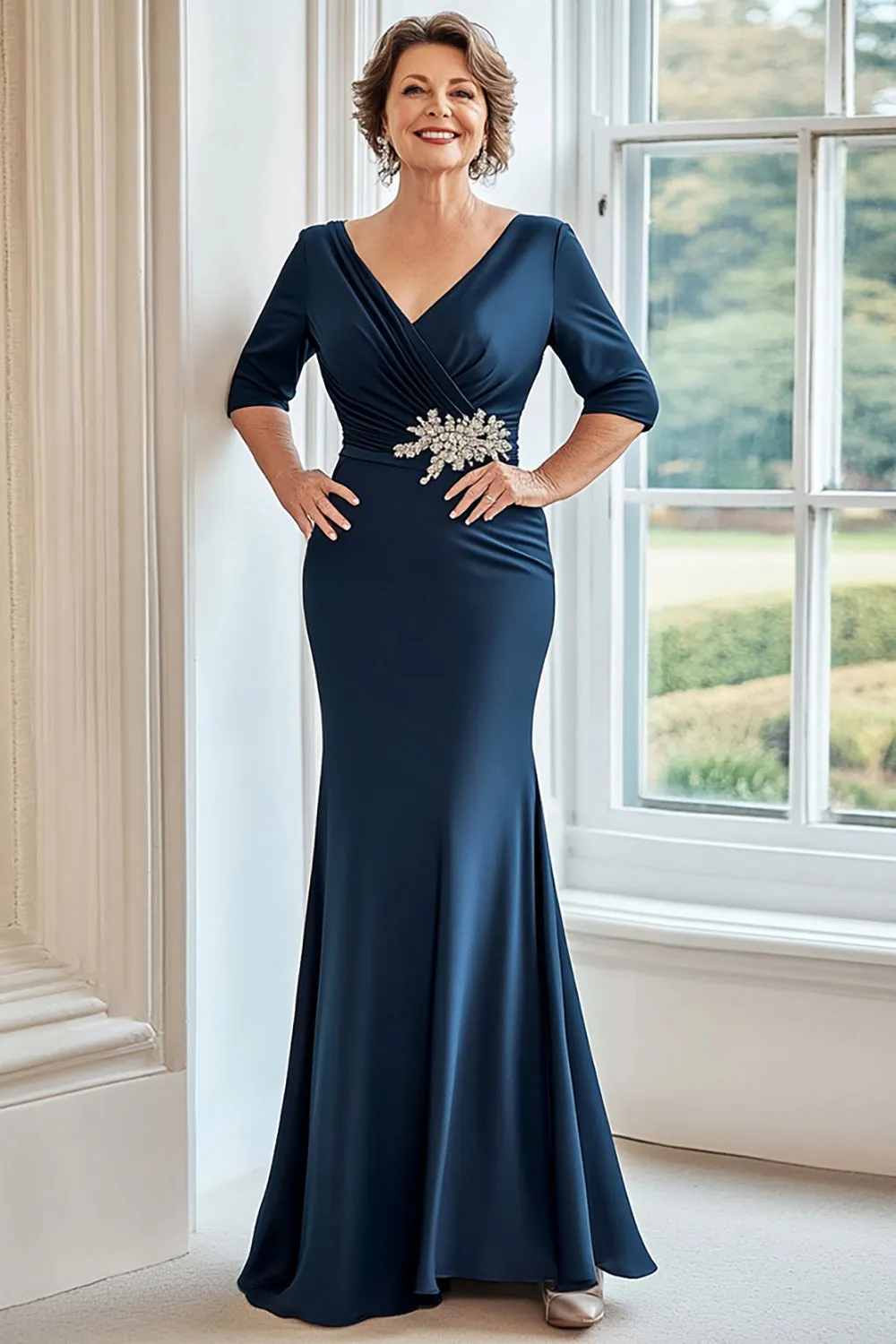 Navy Stretch Satin V-Neck Sheath Mother of the Bride Dress With Half Sleeves sold by Zapaka