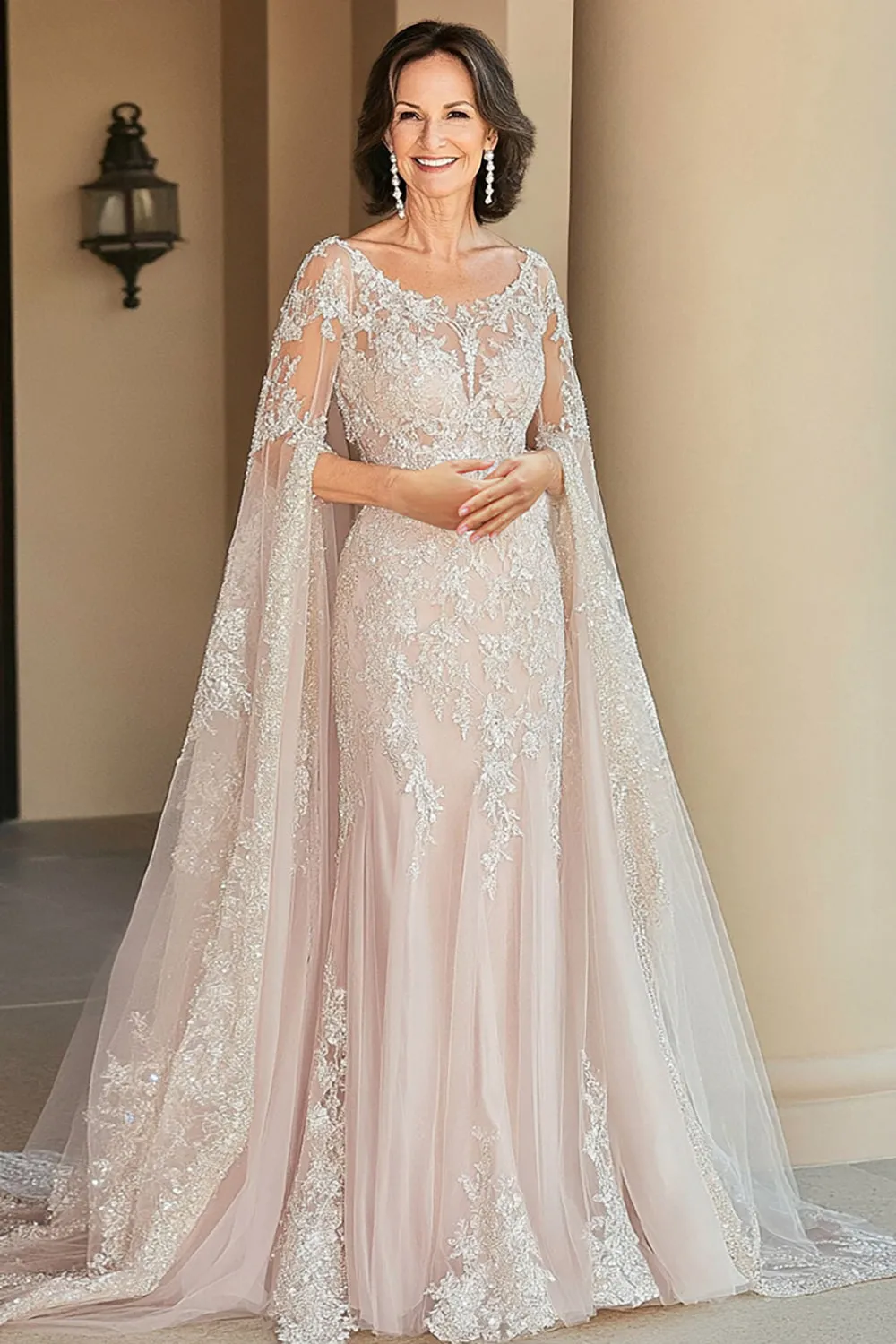 Elegant Beige Bodycon Round Neck Long Mother Of Bride Dress With Lace Appliques sold by Zapaka