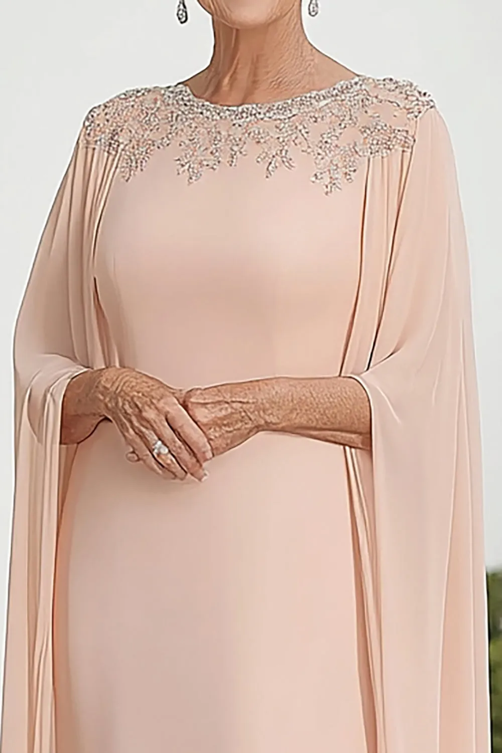 Flutter Sleeves Apricot Chiffon Column Scoop Neck Mother of the Bride Dress with Beaded sold by Zapaka product image thumbnail 2