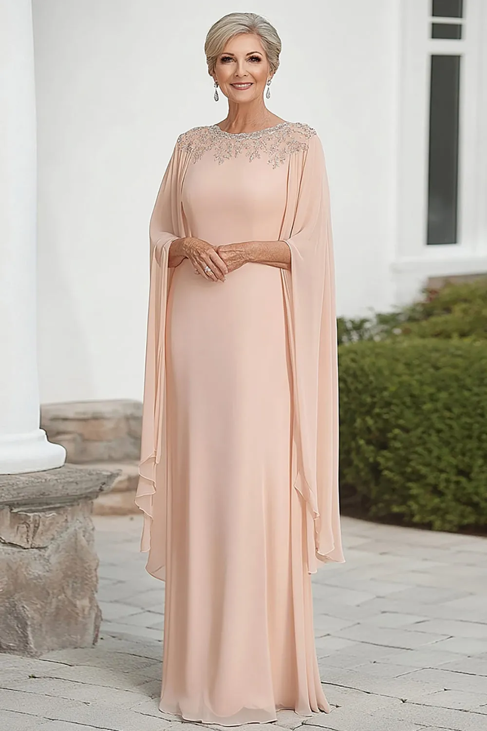 Flutter Sleeves Apricot Chiffon Column Scoop Neck Mother of the Bride Dress with Beaded sold by Zapaka