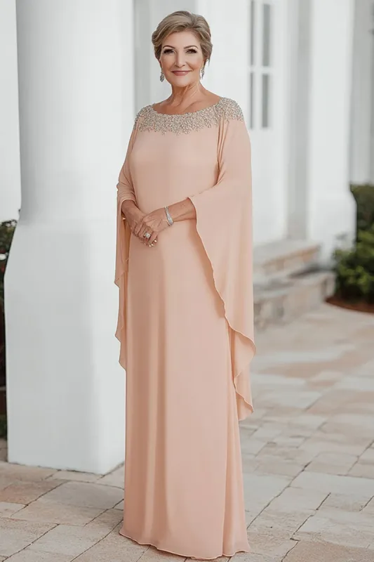 Apricot Chiffon Column Scoop Neck Flutter Sleeves Mother of the Bride Dress sold by Zapaka