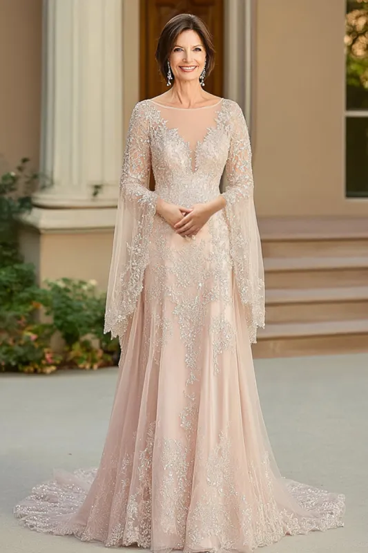 Beige A Line Flutter Sleeves Mother Of Bride Dress With Lace Appliques sold by Zapaka