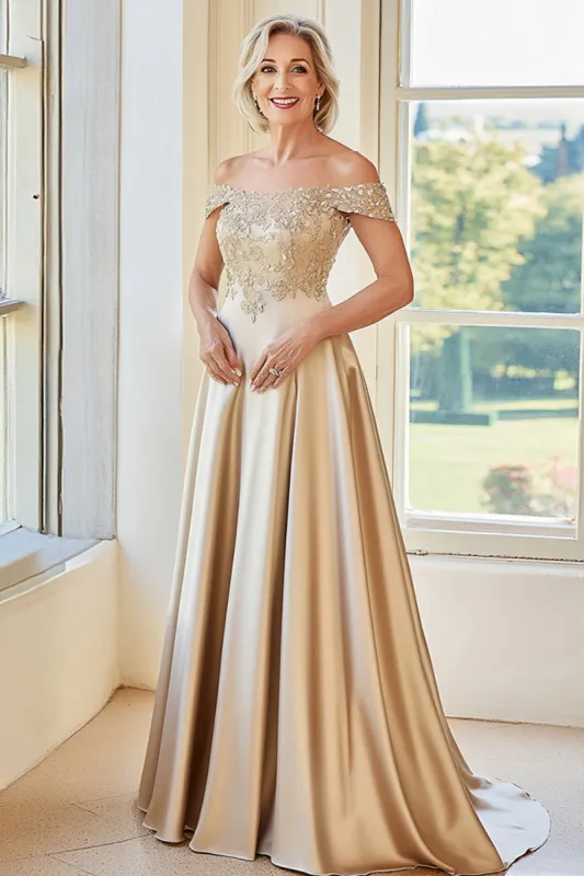 Elegant Champagne Off the Shoulder A-Line Matte Satin Long Mother of the Bride with Embroidery sold by Zapaka