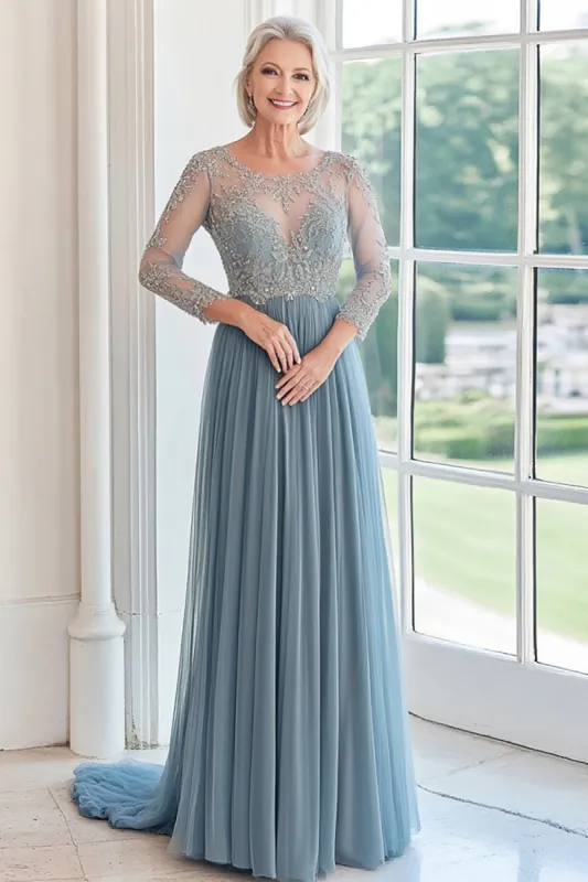 Elegant Dusty Blue Scoop Tulle Applique A-Line Long Mother of the Bride sold by Zapaka