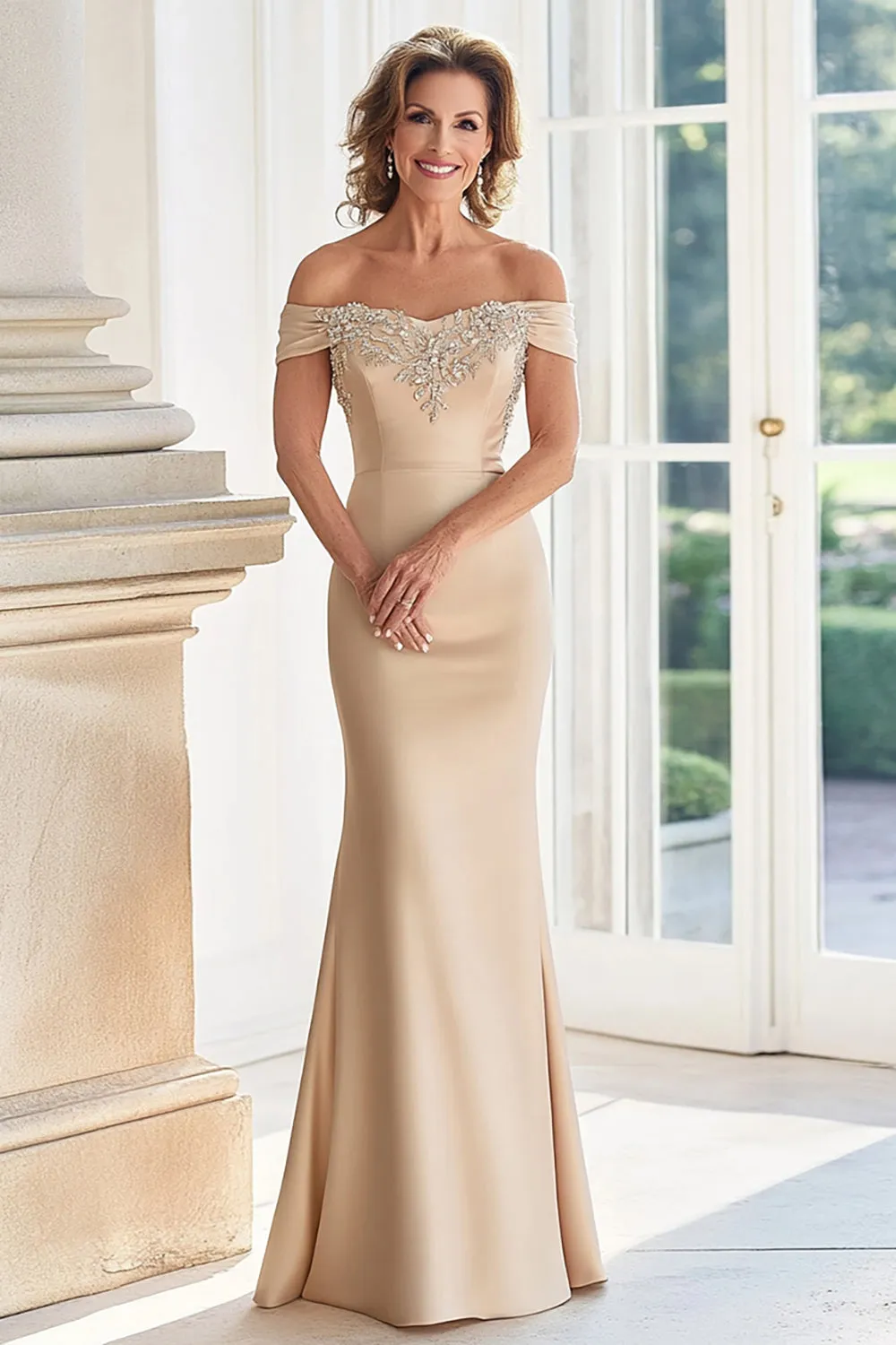 Champagne Off the Shoulder Sheath Mother of the Bride Dress with Appliques sold by Zapaka