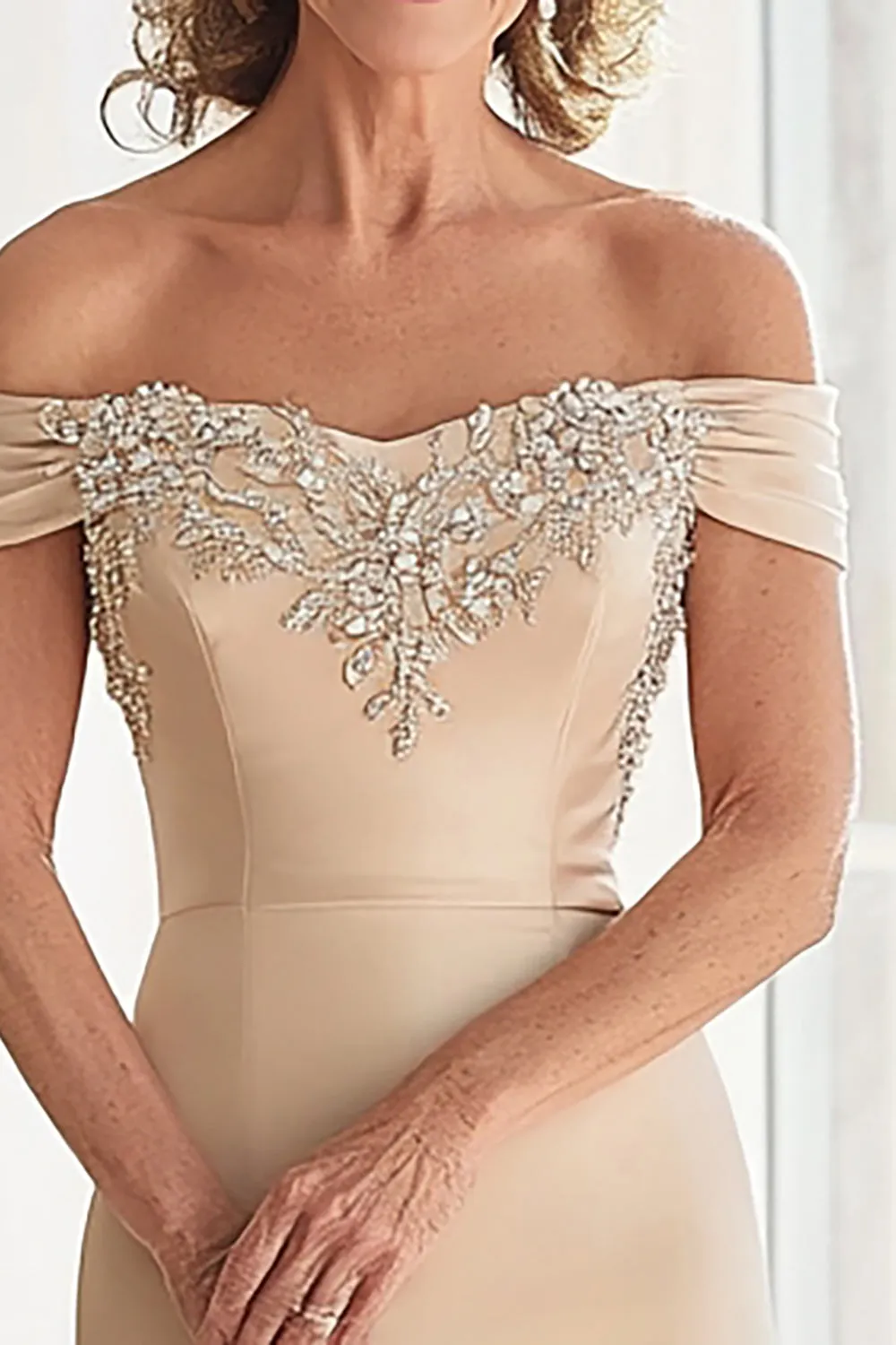 Champagne Off the Shoulder Sheath Mother of the Bride Dress with Appliques sold by Zapaka product image thumbnail 2