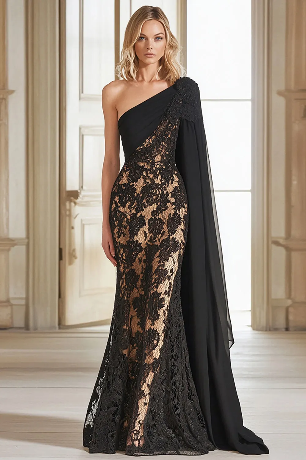 Lace Black One Shoulder Sheath Long Mother of the Bride Dress sold by Zapaka