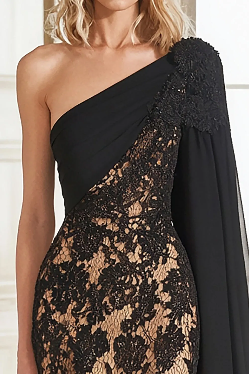 Lace Black One Shoulder Sheath Long Mother of the Bride Dress sold by Zapaka product image thumbnail 2