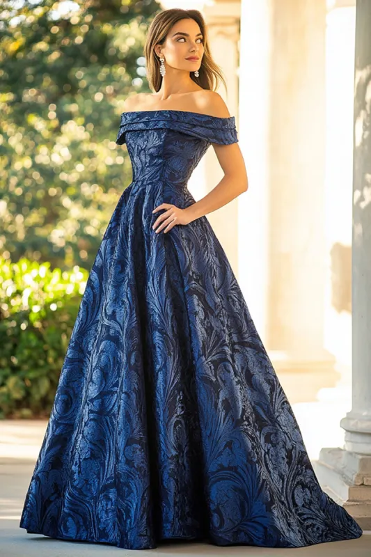 Navy A-Line Off the Shoulder Ruched Jacquard Long Mother of the Bride Dress sold by Zapaka