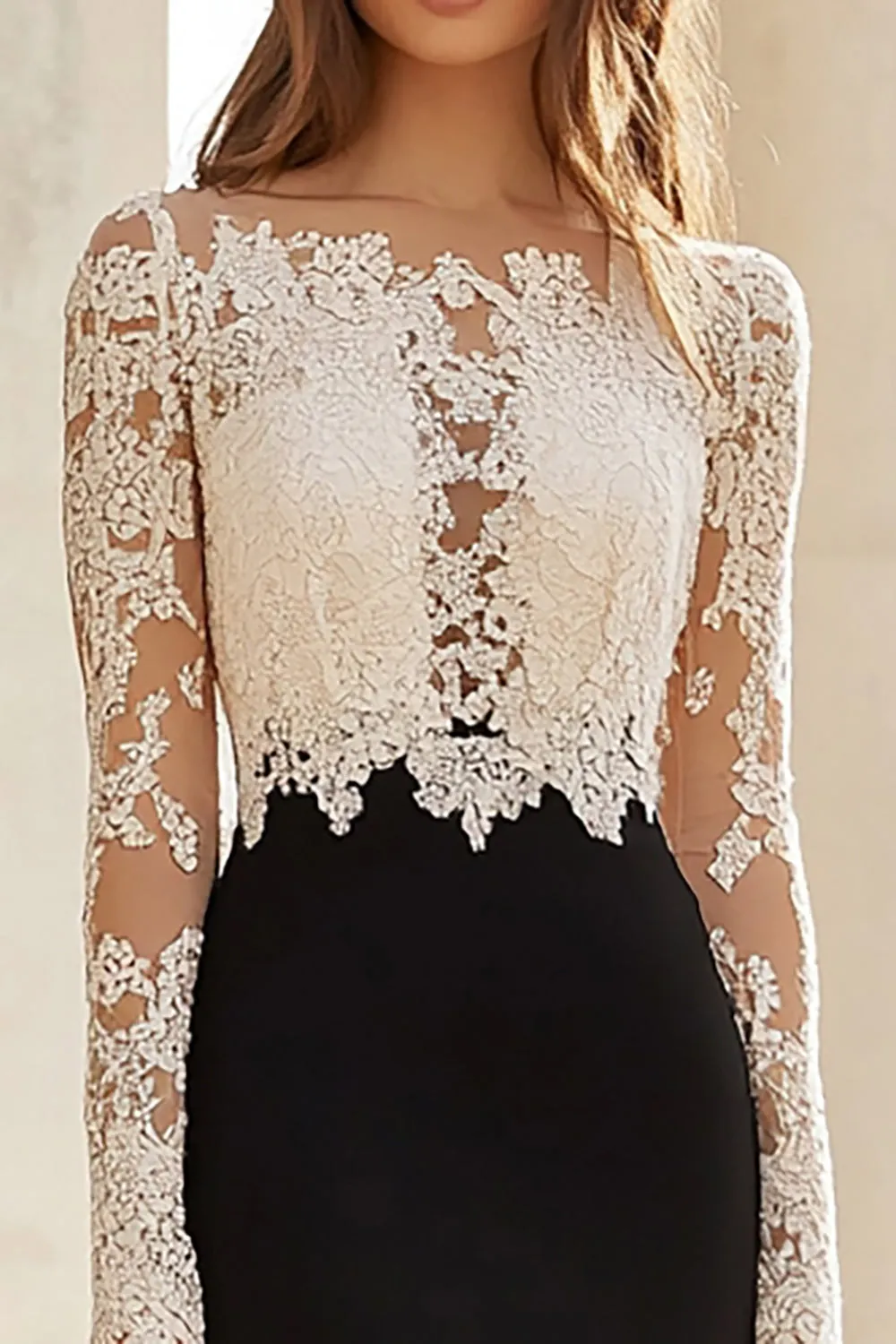 Black White Mermaid Lace Long Sleeves Long Mother of the Bride Dress sold by Zapaka product image thumbnail 2