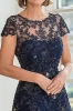 A Line Navy Scoop Neck Cap Sleeves Lace Mother of the Bride Dress sold by Zapaka