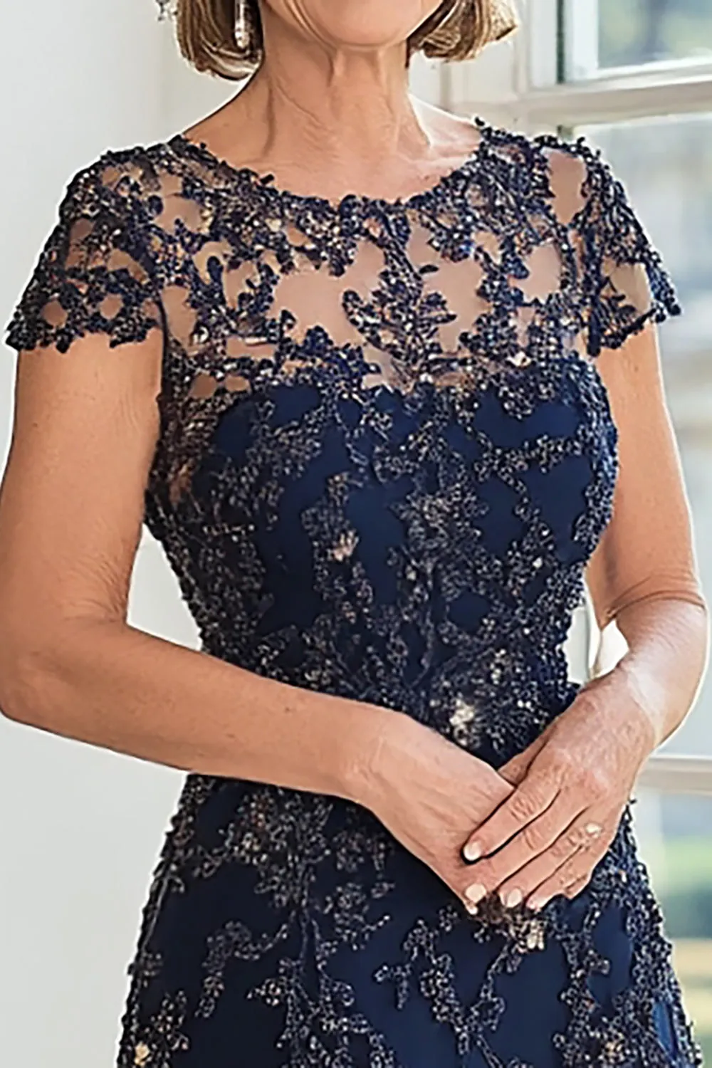 A Line Navy Scoop Neck Cap Sleeves Lace Mother of the Bride Dress sold by Zapaka product image thumbnail 2