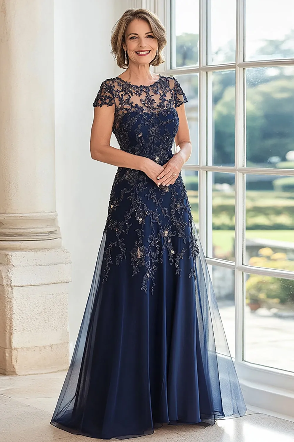 A Line Navy Scoop Neck Cap Sleeves Lace Mother of the Bride Dress sold by Zapaka