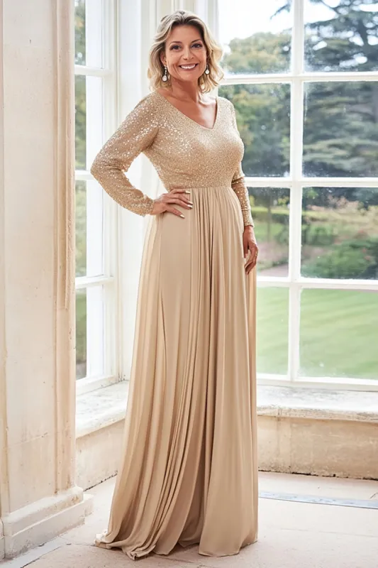 Champagne A Line V Neck Pleated Long Sleeves Mother of the Bride Dress sold by Zapaka