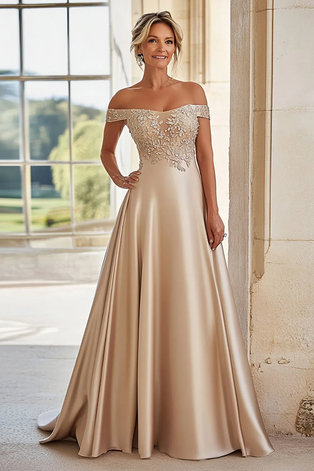A Line Champagne Off The Shoulder Embroidered Mother of the Bride Dress sold by Zapaka