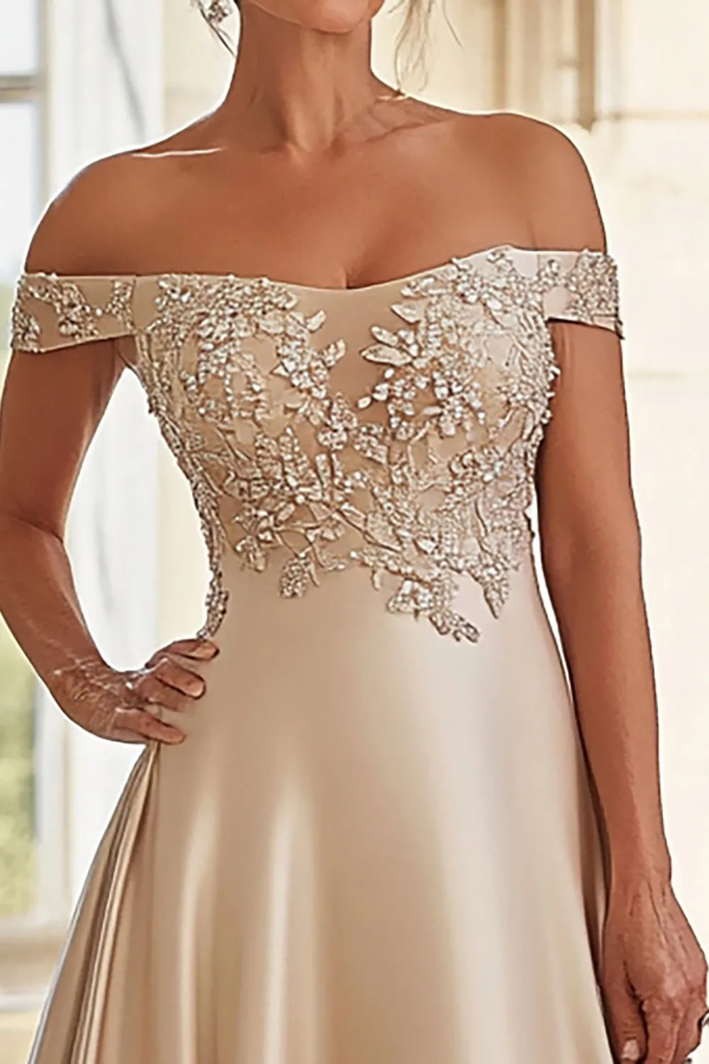 A Line Champagne Off The Shoulder Embroidered Mother of the Bride Dress sold by Zapaka product image thumbnail 2