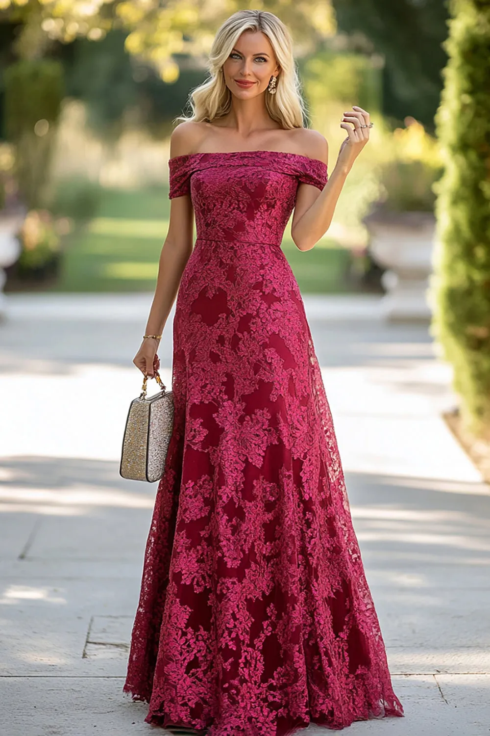 Burgundy Lace A Line Off the Shoulder Mother of the Bride Dress sold by Zapaka