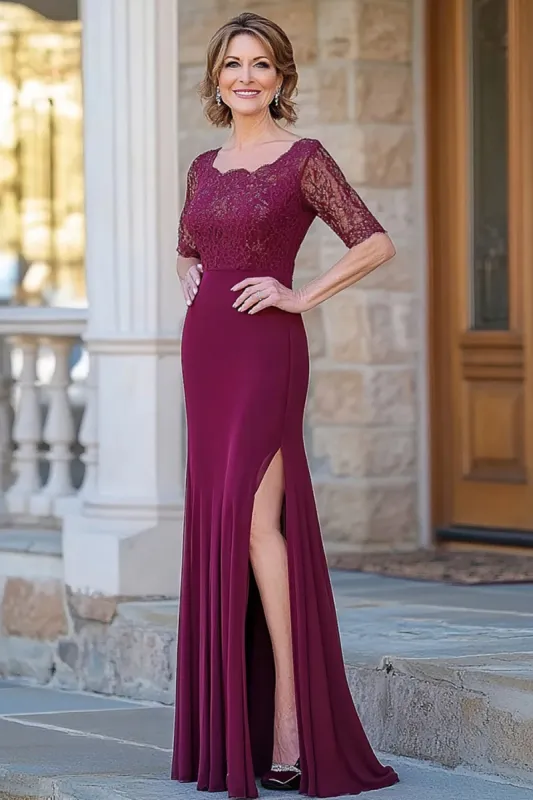 Burgundy Mermaid Lace Appliques Short Sleeves Mother Of Bride Dress With Slit sold by Zapaka