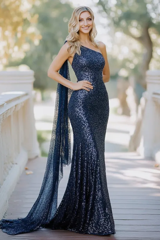 Navy Sequins Sheath One Shoulder Mother of the Bride Dress with Cape sold by Zapaka