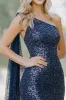 Navy Sequins Sheath One Shoulder Mother of the Bride Dress with Cape sold by Zapaka