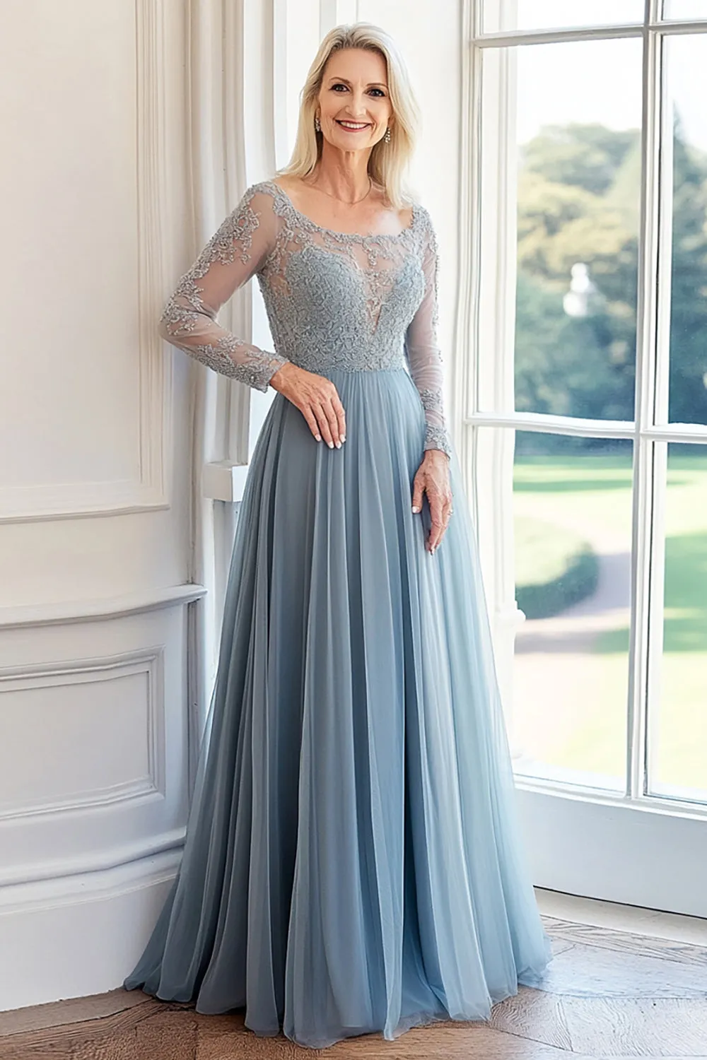 A Line Grey Blue Boat Neck Long Sleeves Appliqued Mother of the Bride Dress sold by Zapaka