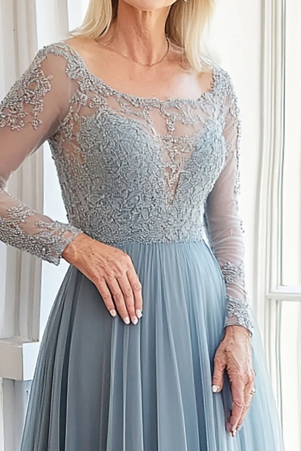 A Line Grey Blue Boat Neck Long Sleeves Appliqued Mother of the Bride Dress sold by Zapaka product image thumbnail 2