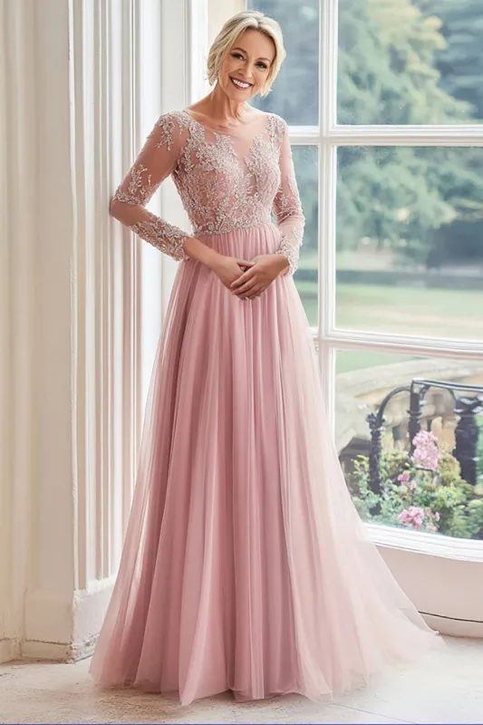 A Line Blush Boat Neck Long Sleeves Tulle Long Mother Of The Bride Dress sold by Zapaka