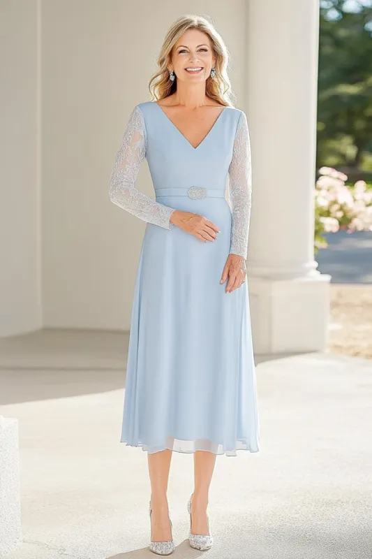 Lace Chiffon Sky Blue A Line V Neck Tea Length Mother of the Bride Dress with Belted sold by Zapaka