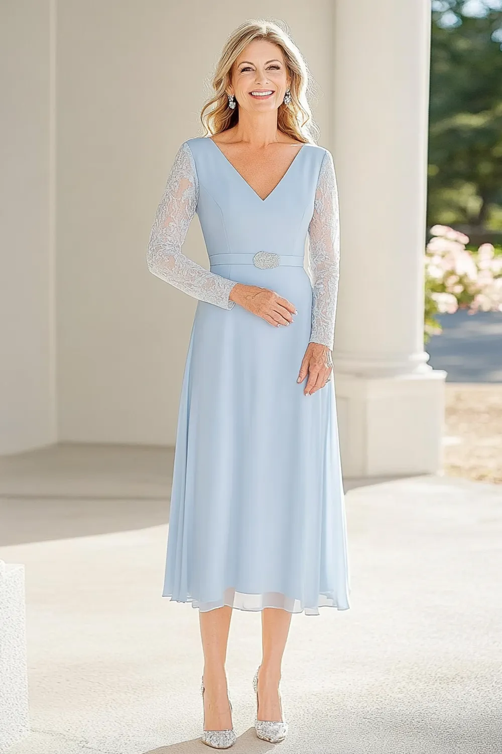 Lace Chiffon Sky Blue A Line V Neck Tea Length Mother of the Bride Dress with Belted sold by Zapaka