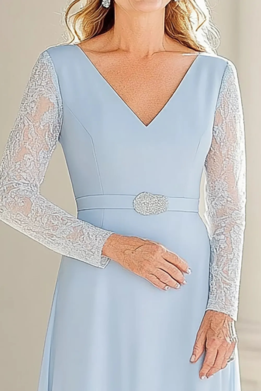 Lace Chiffon Sky Blue A Line V Neck Tea Length Mother of the Bride Dress with Belted sold by Zapaka product image thumbnail 2