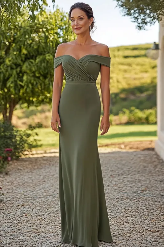 Matte Satin Olive Sheath Off the Shoulder Mother of the Bride Dress with Belted sold by Zapaka