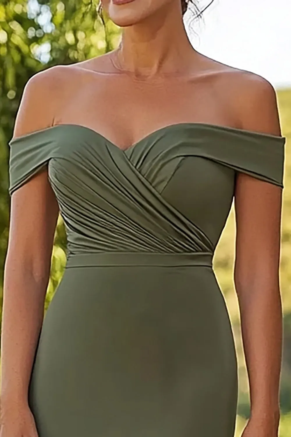 Matte Satin Olive Sheath Off the Shoulder Mother of the Bride Dress with Belted sold by Zapaka product image thumbnail 2