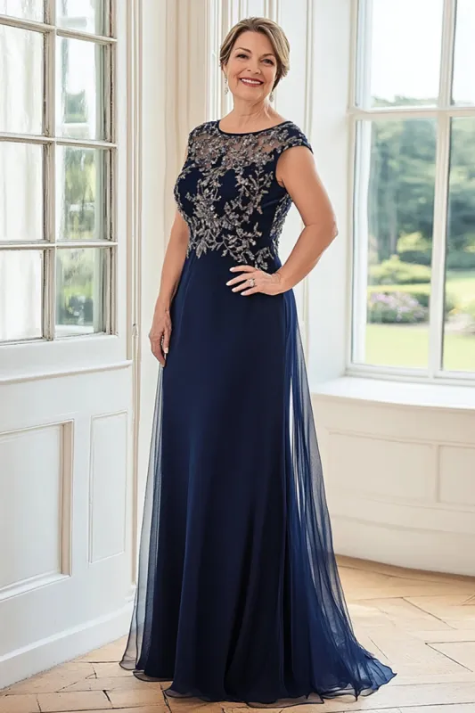 Navy Sheath Boat Neck Lace Appliqued Long Mother Of The Bride Dress sold by Zapaka
