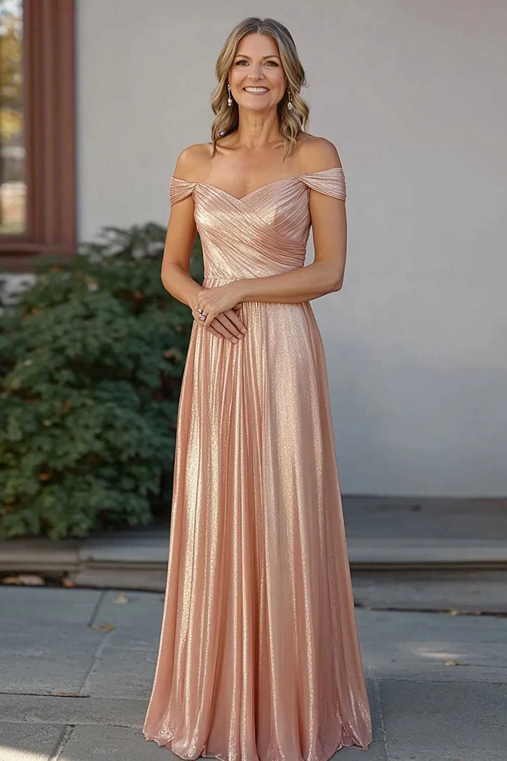 Champagne A Line Off The Shoulder Ruched Long Mother Of Bride Dress sold by Zapaka