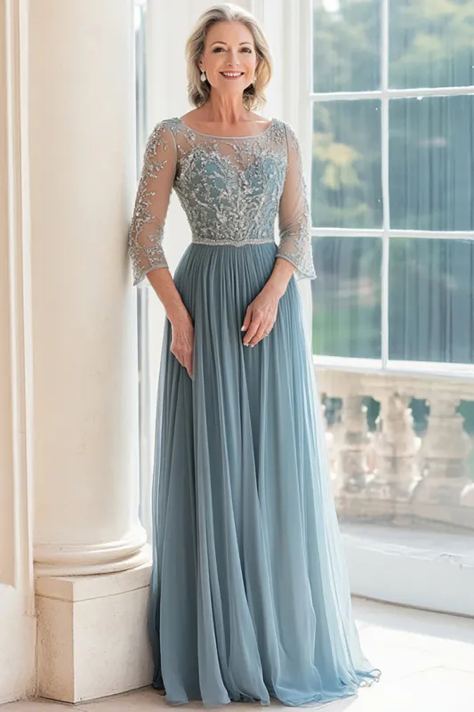 Elegant Dusty Blue Scoop A-Line Tulle Long Mother of the Bride with Beading sold by Zapaka